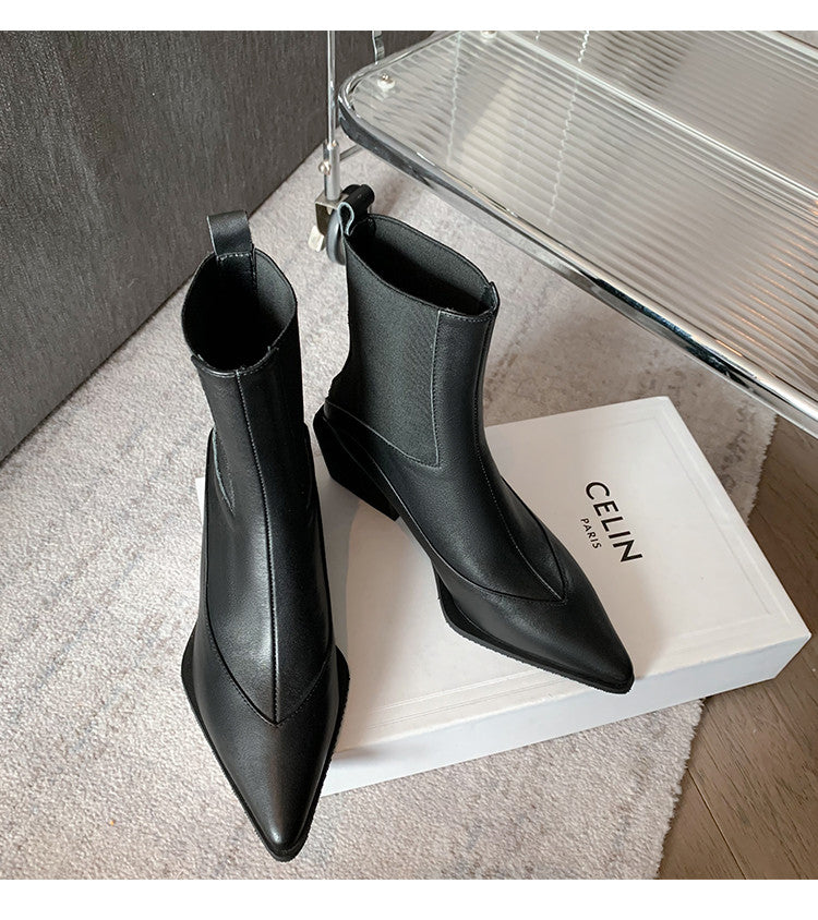 Karin Luna In Stock Spot Goods   Elegant Pointed Toe Chunky Heel Ankle Boots