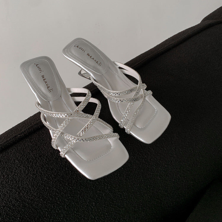Karin Luna In Stock Spot Goods  Rhinestone Cross Strap Square Toe High Heel Slippers