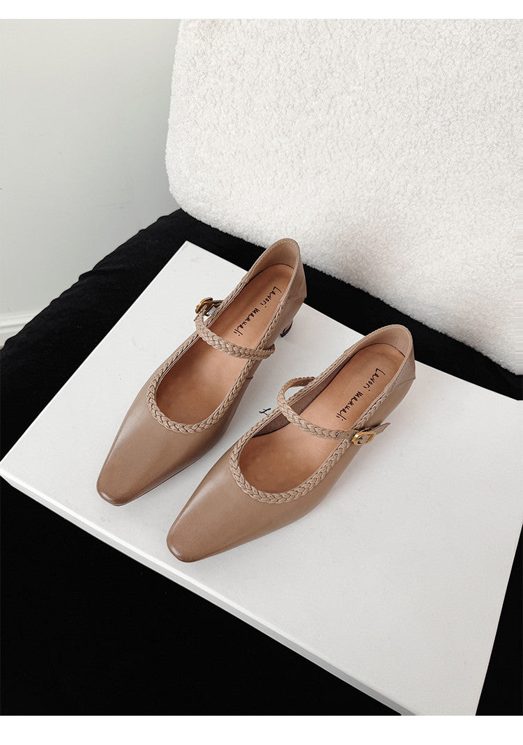 Karin Luna Braided Element Design Chunky Heel Square Toe Single Strap Shoes