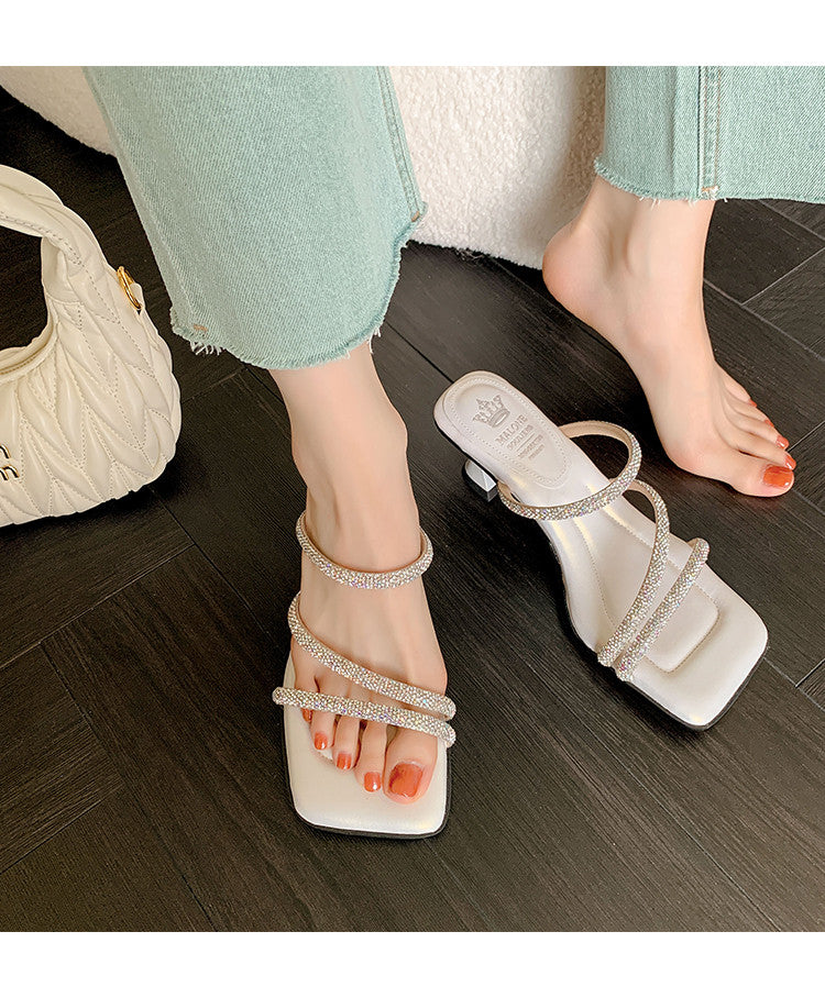 Karin Luna In Stock Spot Goods  Minimalist Versatile Square Toe Rhinestone Strap Open-Toe Sandals