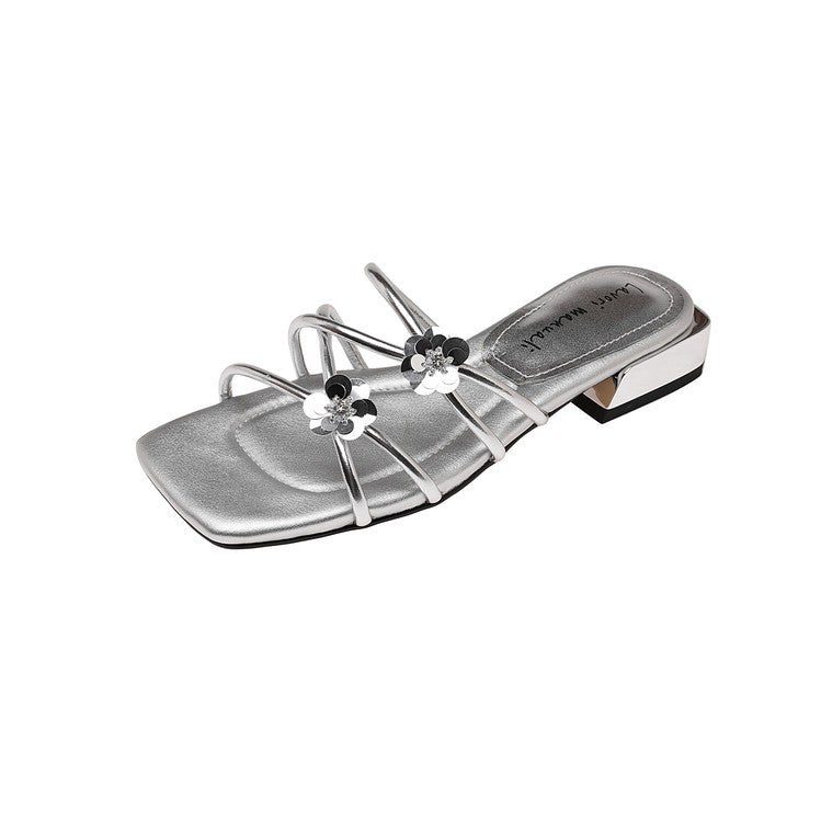 Karin Luna In Stock    Spot Goods    Square Toe One-Strap Sequin Flower Flat Slippers