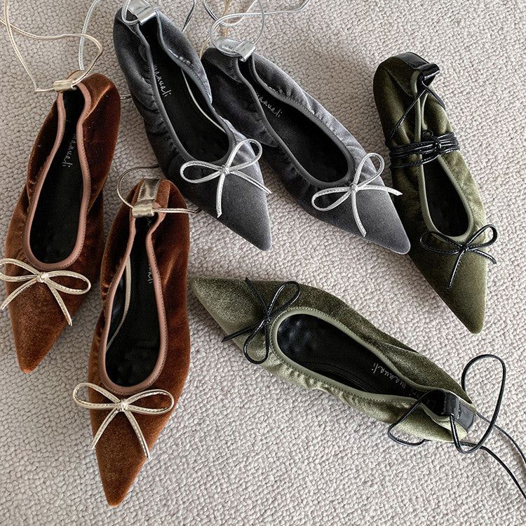 Karin Luna In Stock In Stock Retro Velvet Pointed Toe Bowknot Single Shoes