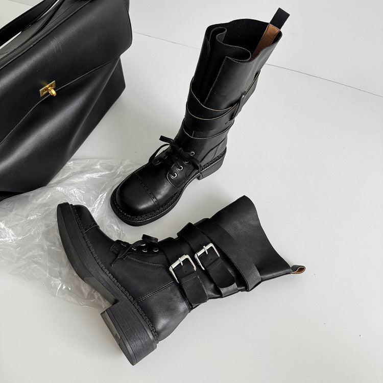 Karin Luna Bestseller Hot-Selling Large Tube Leather Belt Buckle Round Toe Thick-Soled Short Boots