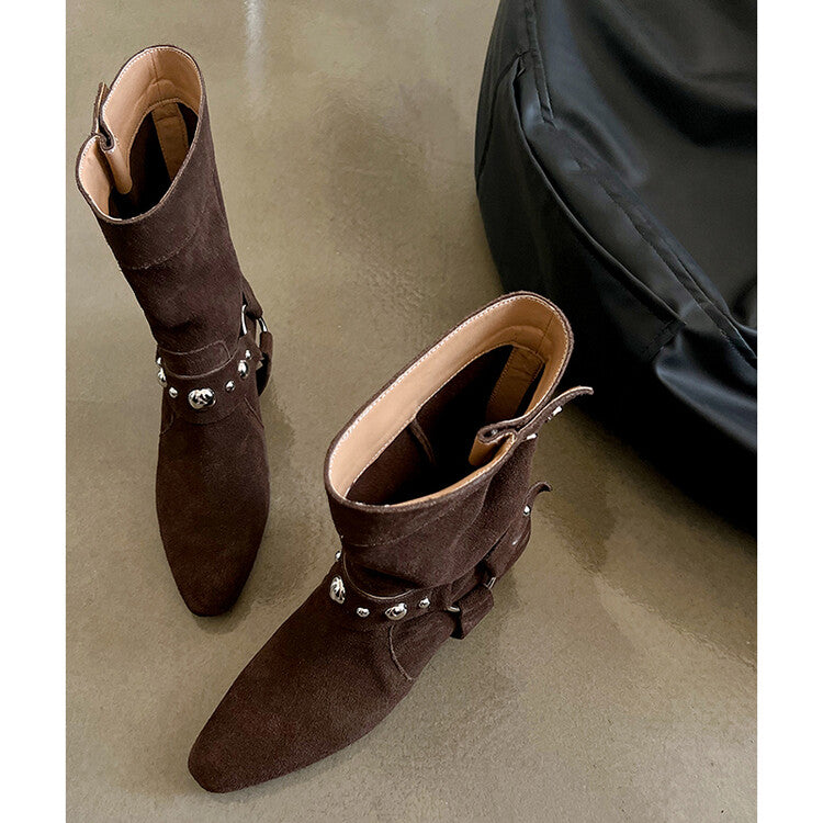 Karin Luna has prepared stock  Hot-Selling Retro Pointed Toe Wedge Metal Buckle High Tube Western Boots