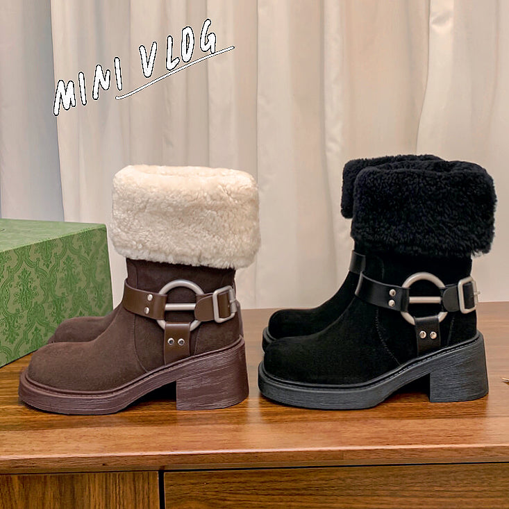 Karin Luna Genuine Lamb Wool and Cowhide Leather Hot-selling Metal Buckle Round Toe Chunky Heel Main Push Main Push