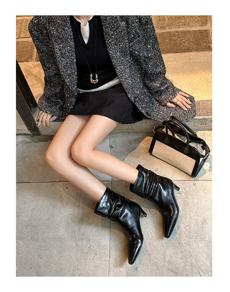 Karin Luna In Stock Spot Goods  Retro Wrinkled Small Square Toe Short Boots