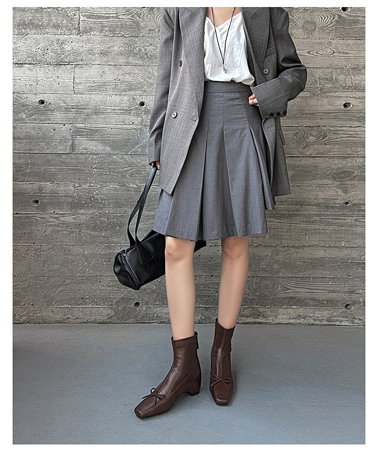 Karin Luna French Style Square Toe Bowknot Hidden Wedge Slim Boots