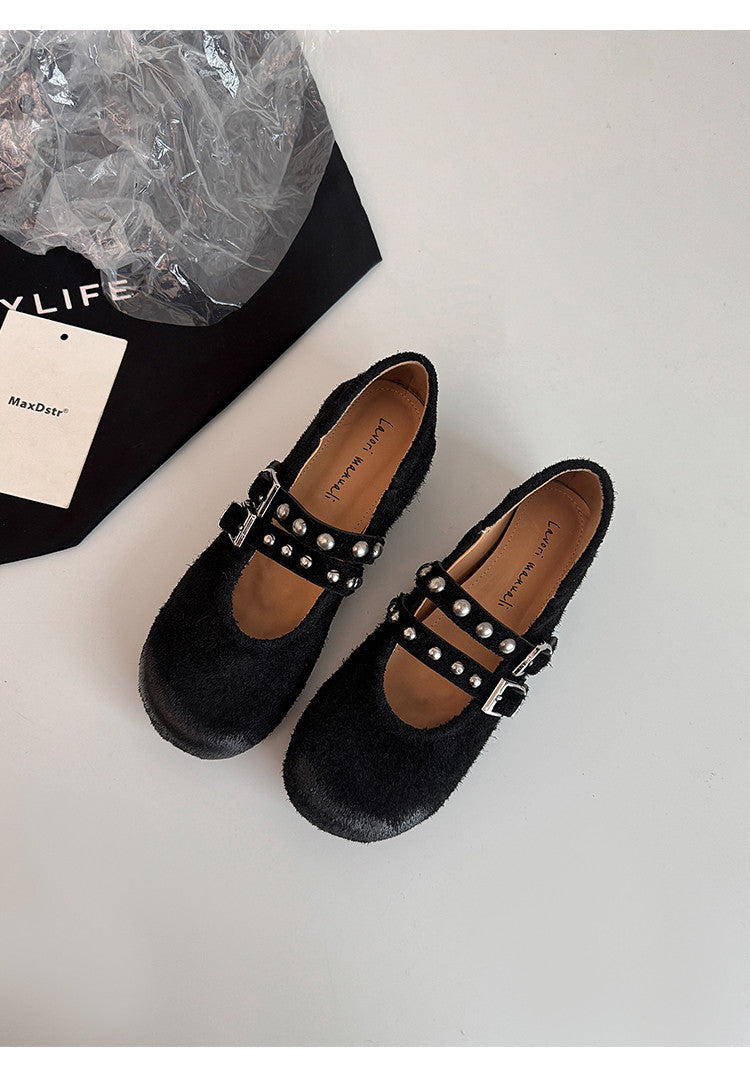 Karin Luna Hot Item Hot Item Punk Style One-Strap Round-Toe Suede Leather Height-Increasing Flats
