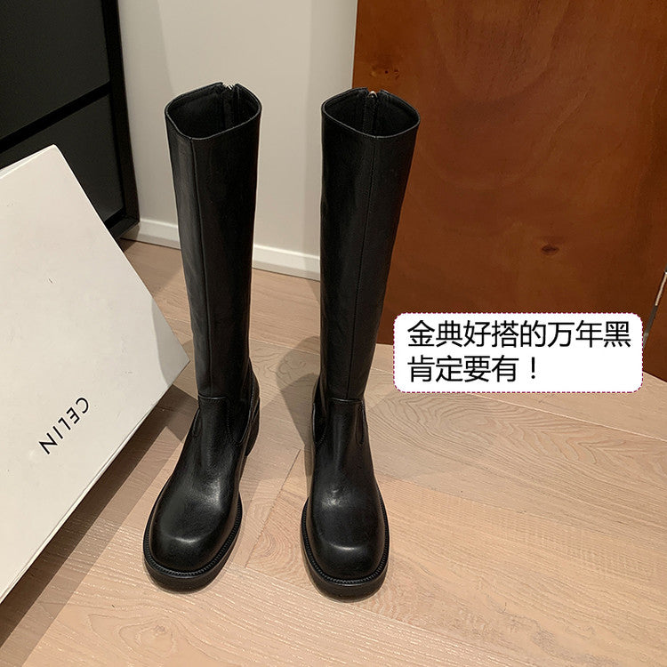 Karin Luna Basic Versatile Style Round Toe Chunky Heel Long Boots