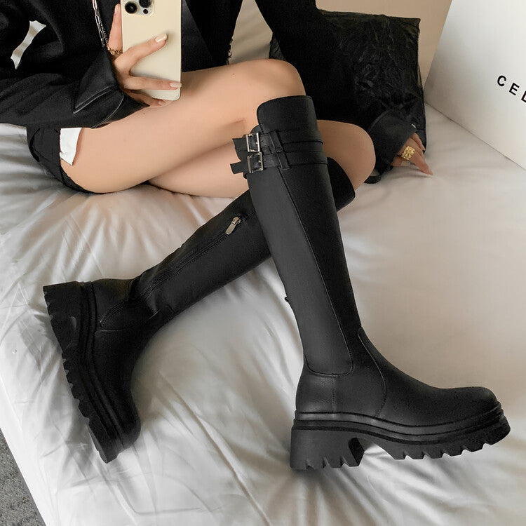 Karin Luna In Stock Best-selling in stock   Super Soft Sheepskin  Round Toe Thick Sole Vintage Belt Buckle Long Boots
