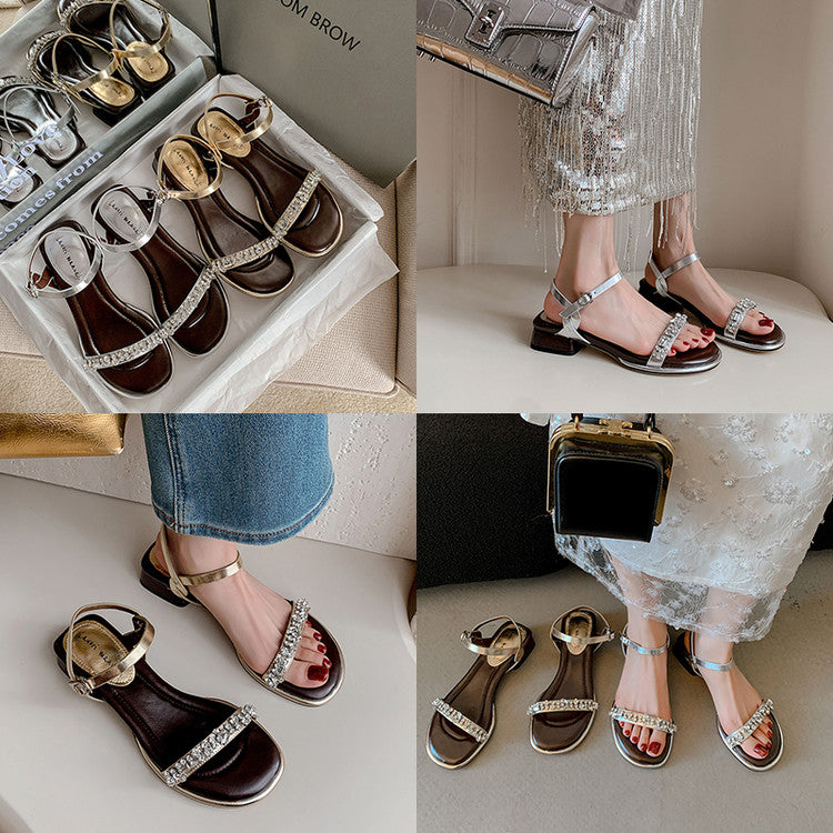 Karin Luna In Stock In Stock  Rhinestone Strap Round Toe Chunky Heel Sandals