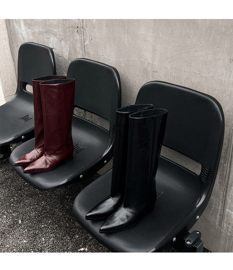 Karin Luna Elegant Style Pointed Toe Internal Height Increase Slip-On Long Boots