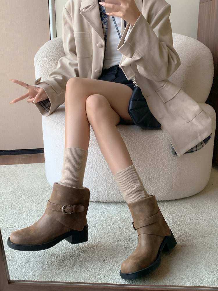 Karin Luna In Stock Spot Goods Versatile Basic Round Toe Belt Buckle Thick Sole Tube Boots