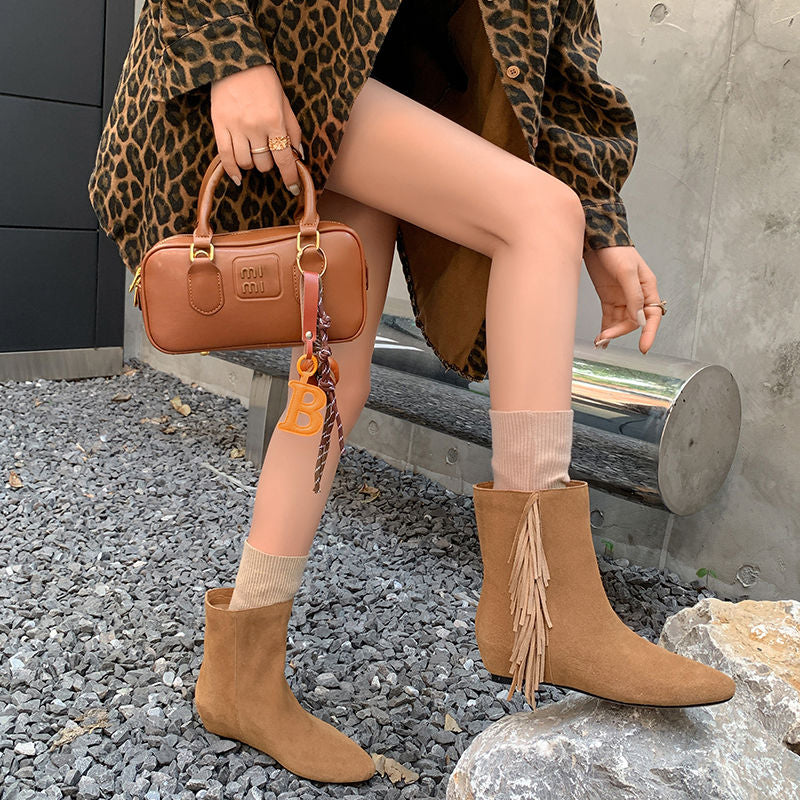 Karin Luna In Stock Spot Goods Tassel Square Toe Hidden Wedge Short Boots