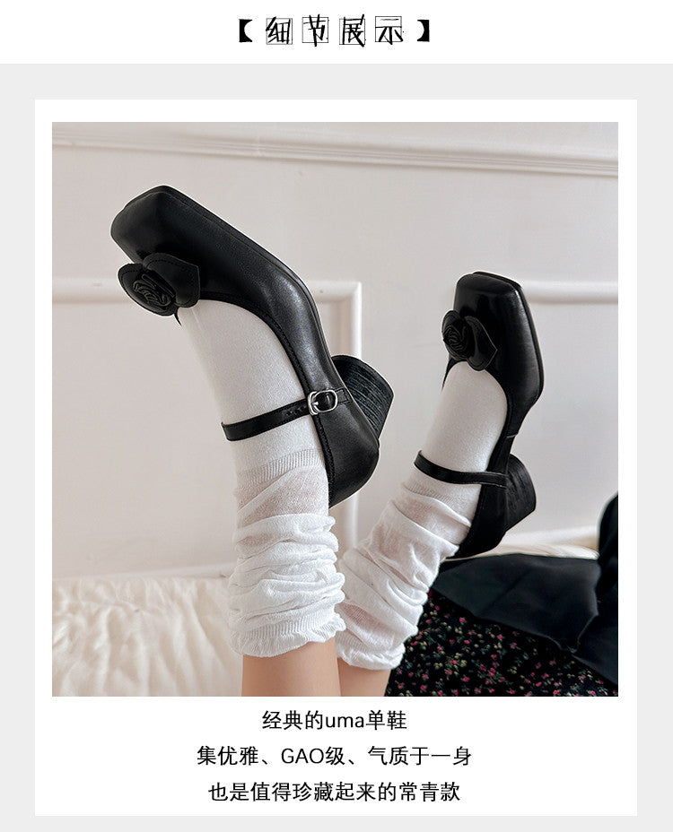 Karin Luna In Stock Spot Goods  Vintage Three-Dimensional Camellia Square-Toed Mary Jane Shoes