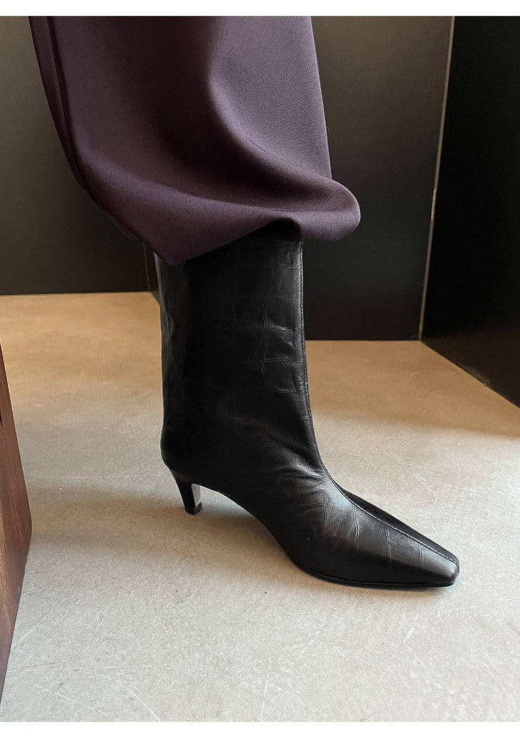 Karin Luna In Stock Spot Goods Top Layer Stone Pattern Cowhide Textured Small Square Toe Straight Short Boots