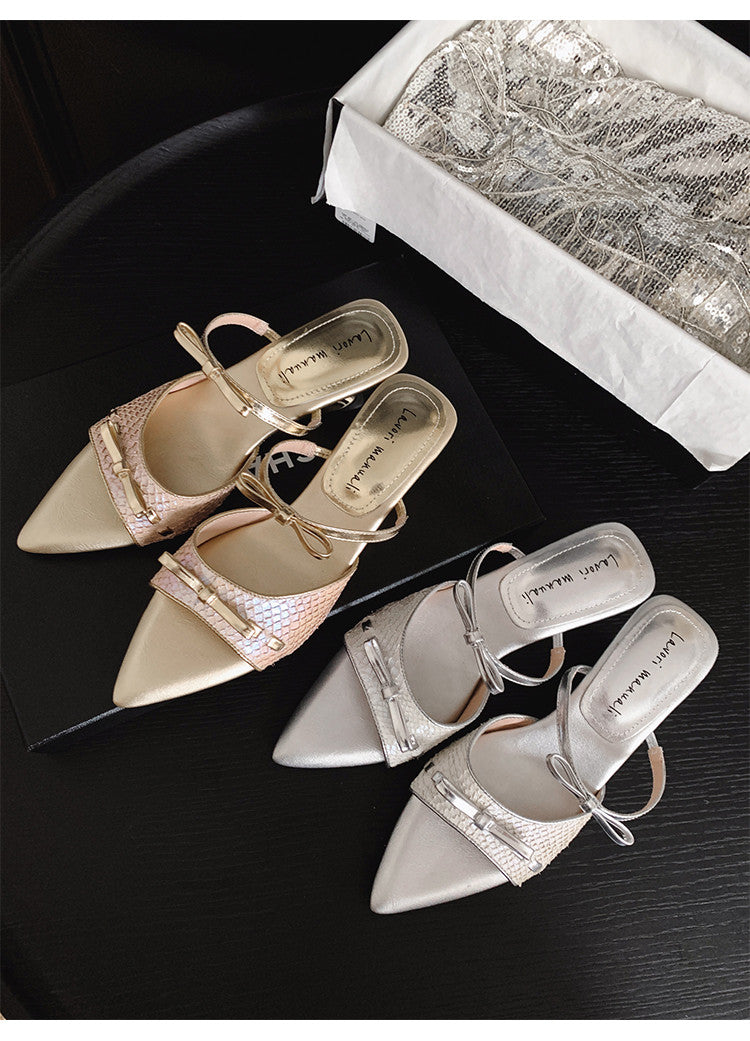 Karin Luna Fish Skin Series~Pointed Toe Irregular Heel Bowknot Strap Slippers