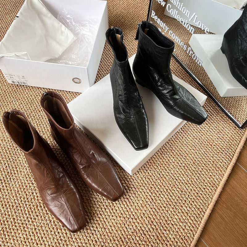 Karin Luna In Stock Spot Goods Slim Series  Hidden Wedge Small Square Toe Back Zipper Short Boots