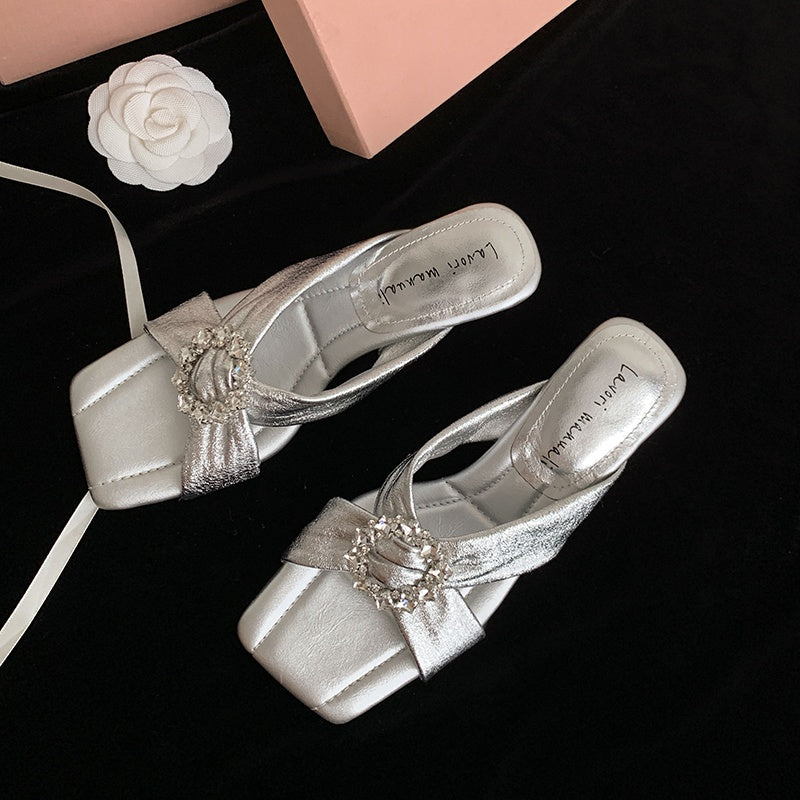 Karin Luna In Stock In Stock Elegant Square-Toe Cross-Strap Rhinestone Square-Toe Slippers
