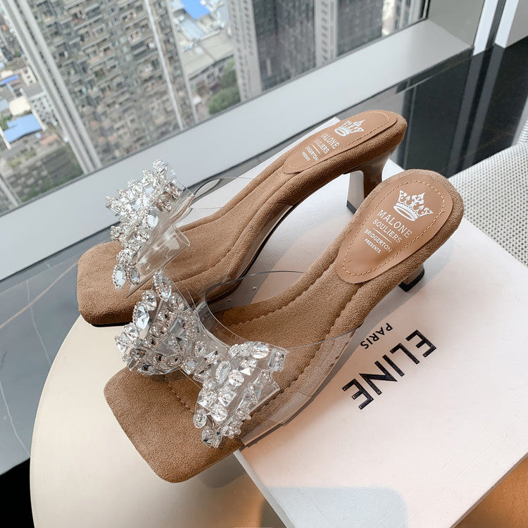 Karin Luna In Stock In Stock Transparent Bow Square Toe Suede Open Toe Sandals