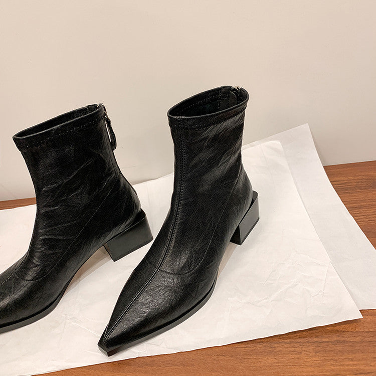 Karin Luna Elegant Style Pointed Toe Chunky Heel Short Boots