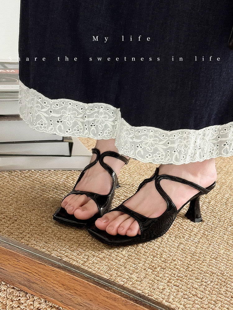 Karin Luna French Retro Square Toe Wrap Strap Open-Toe Slippers