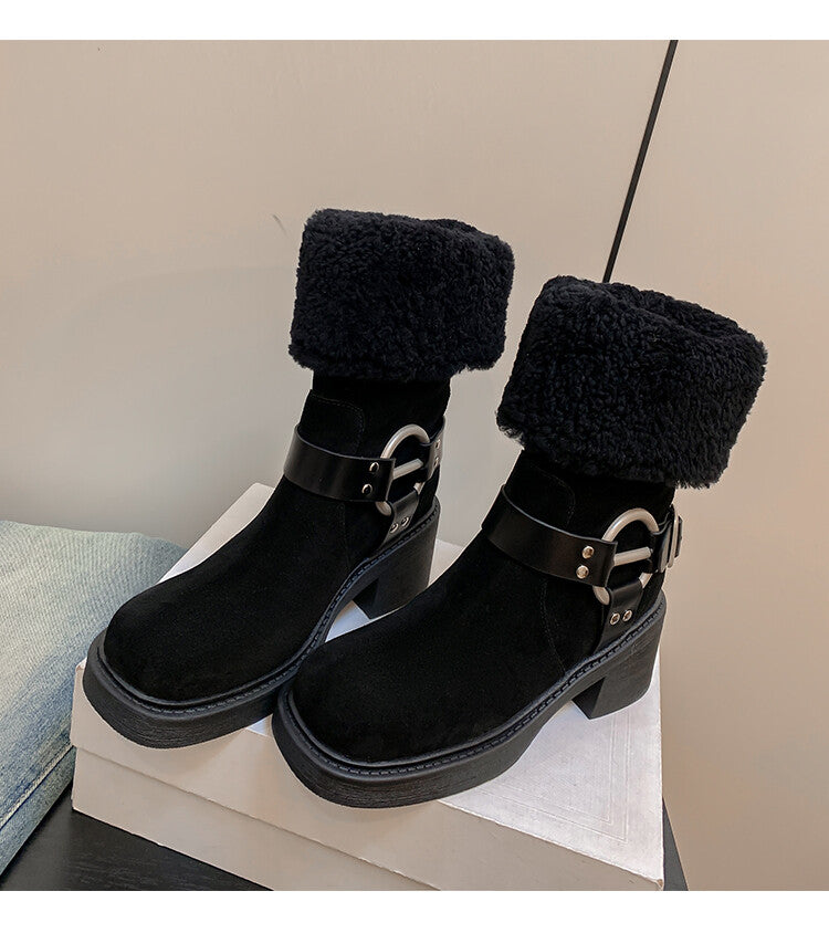 Karin Luna Genuine Lamb Wool and Cowhide Leather Hot-selling Metal Buckle Round Toe Chunky Heel Main Push Main Push