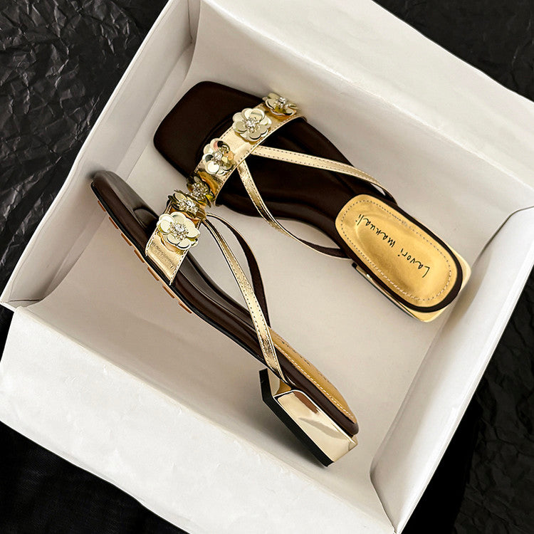 Karin Luna In Stock Spot Goods  One-Strap Sequin Floral Square-Toe Flat Slippers
