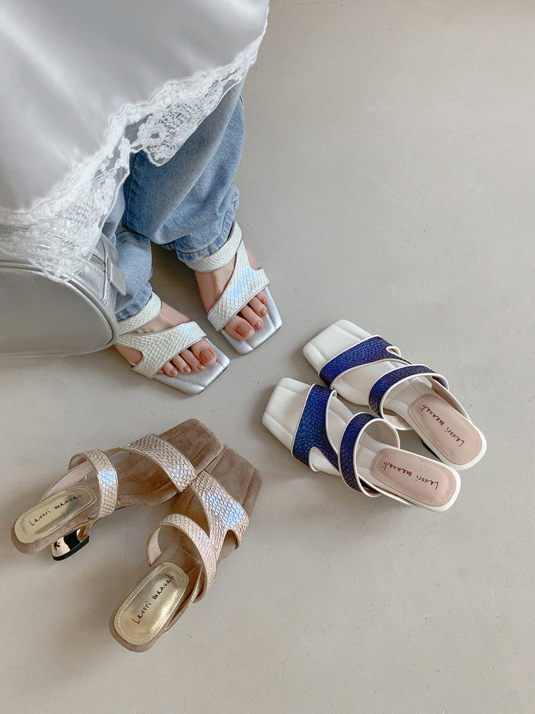 Karin Luna Fish Skin Series~Minimalist Square Toe Popular Irregular Heel Slippers