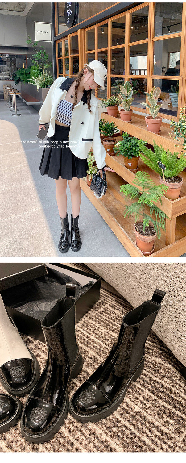 Karin Luna In Stock Spot Goods  Classic Embroidered Camellia Round Toe Thick Sole Chelsea Boots