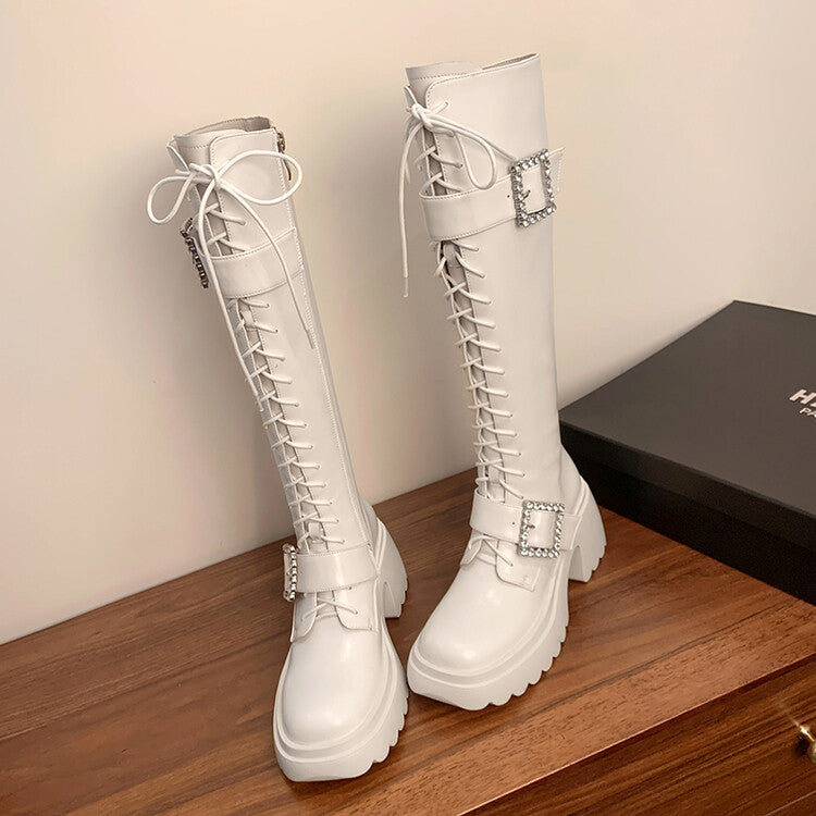 Karin Luna In Stock Spot Goods Bestselling Extended Version Rhinestone Square Buckle Thick Sole Lace-up Thick Sole Full Cowhide Knight Boots