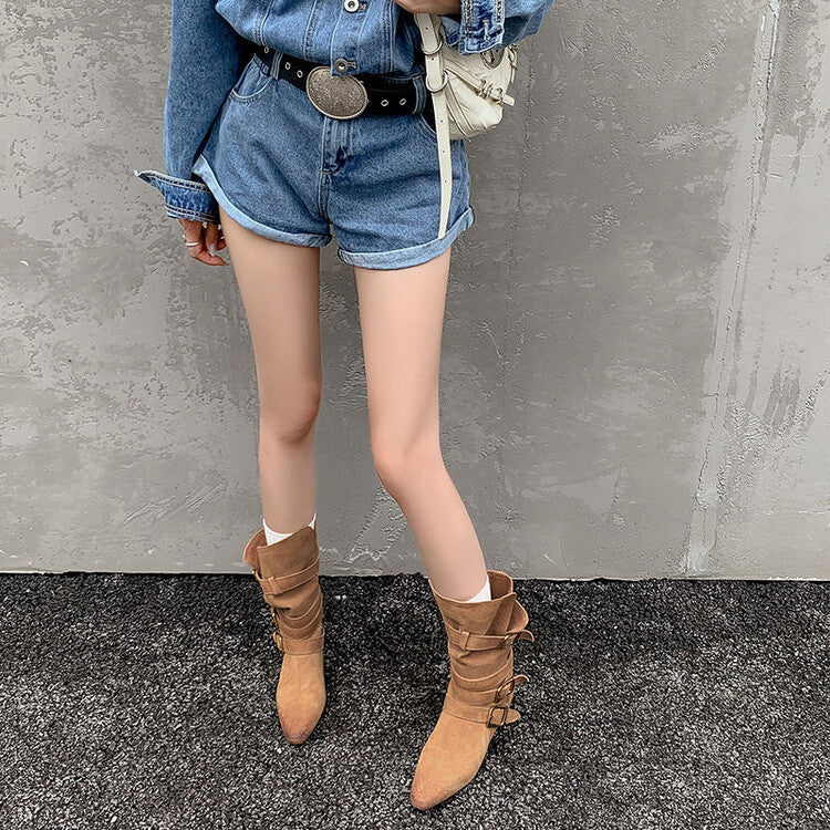 Karin Luna Cow Leather Small Square Toe Belt Buckle Fashion Boots