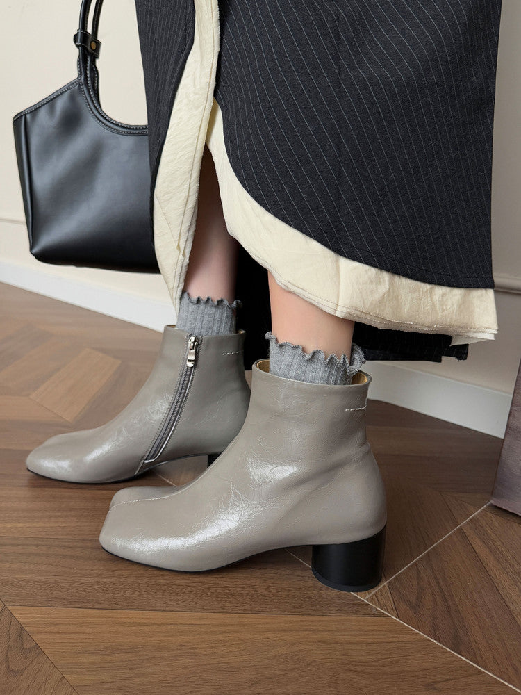 Karin Luna French Style Square Toe Chunky Heel Ankle Boots