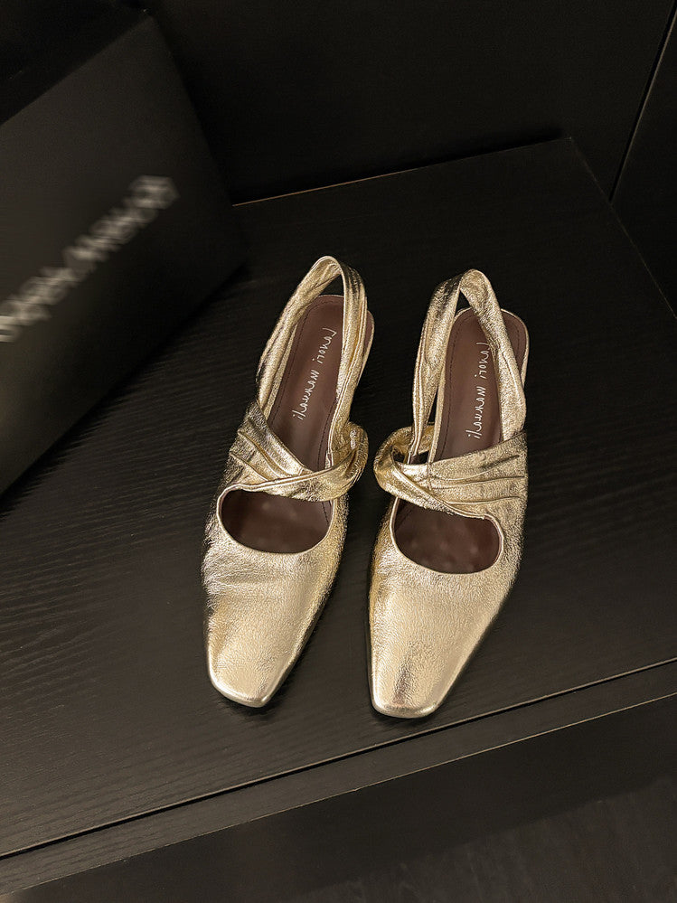 Karin Luna In Stock  Spot Goods Small Square Toe Wrinkled Chunky Heel Closed-Toe Sandals