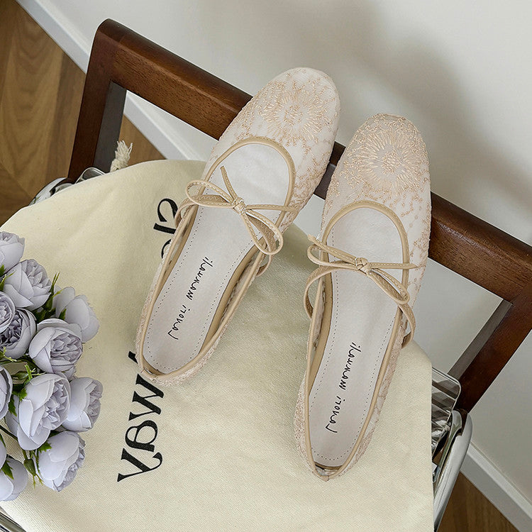 Karin Luna In Stock Spot Goods  Summer Breathable Retro Embroidered Bow Granny Shoes