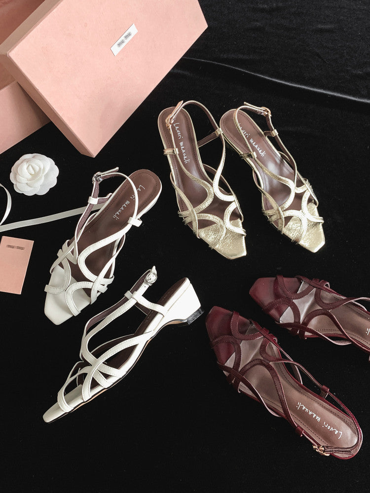 Karin Luna French Hollow Style Small Square Toe Chunky Heel Sandals