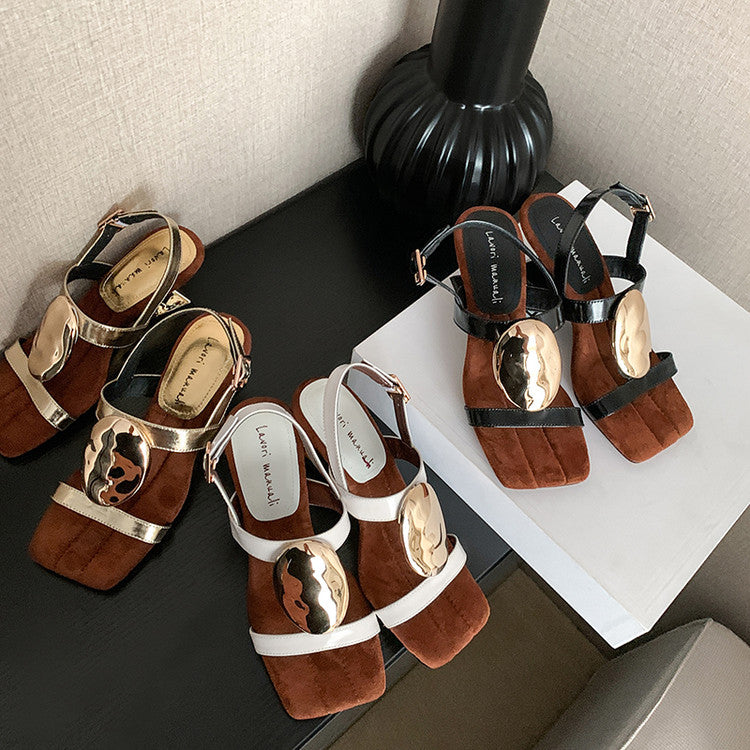 Karin Luna In Stock In Stock  Square Toe Suede Metal Heel Elegant Sandals