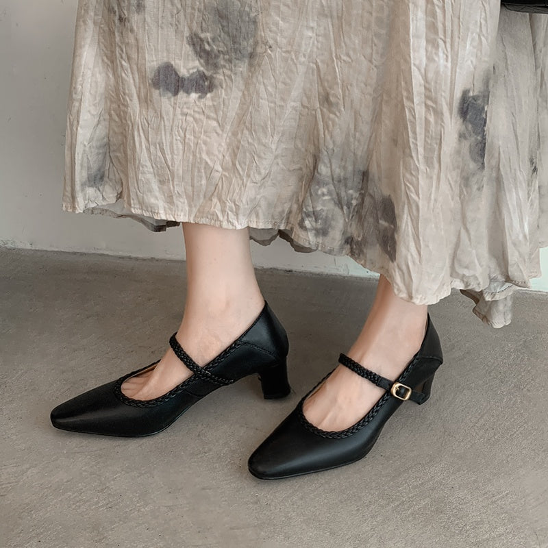 Karin Luna Braided Element Design Chunky Heel Square Toe Single Strap Shoes