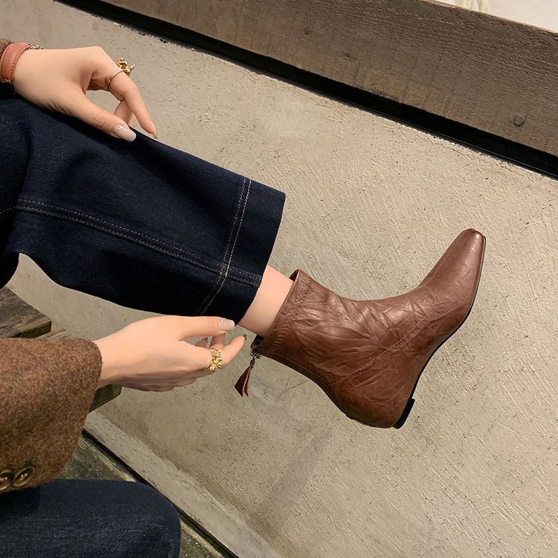 Karin Luna In Stock Spot Goods Slim Series  Hidden Wedge Small Square Toe Back Zipper Short Boots