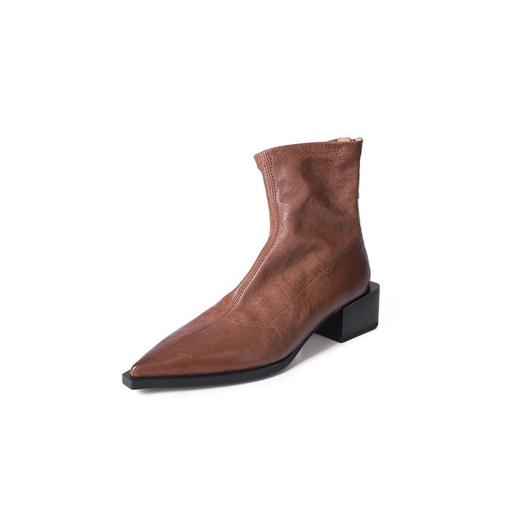 Karin Luna Elegant Style Pointed Toe Chunky Heel Short Boots