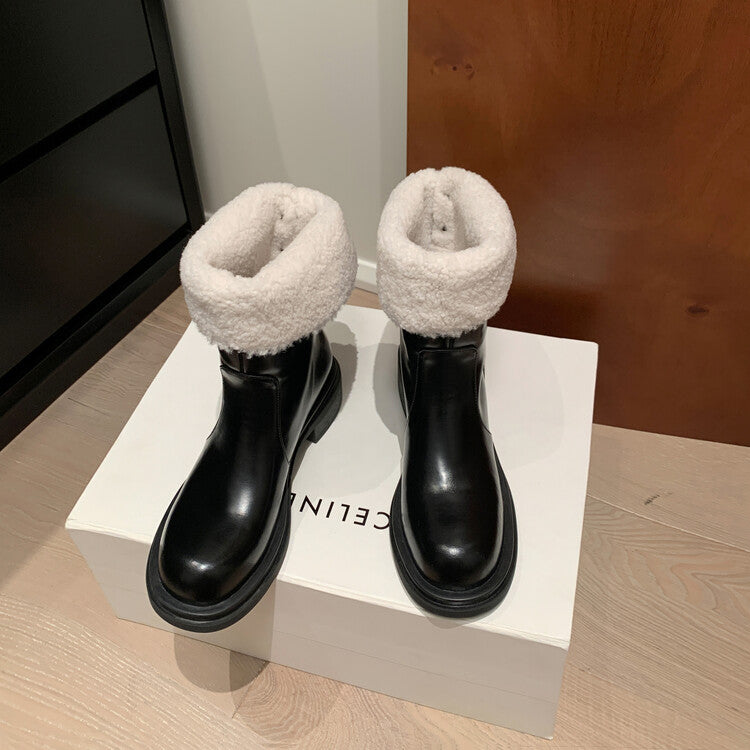 Karin Luna Classic Basic Style   Convertible Foldable Hidden Buckle Snow Fur Shoes Full cowhide Basic Flat Short Boots