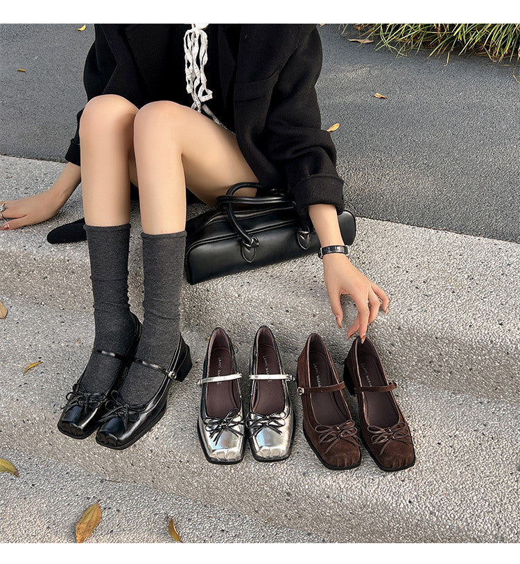 Karin Luna In Stock Spot Goods   One-strap Bowknot Square Toe Chunky Heel Mary Jane Shoes