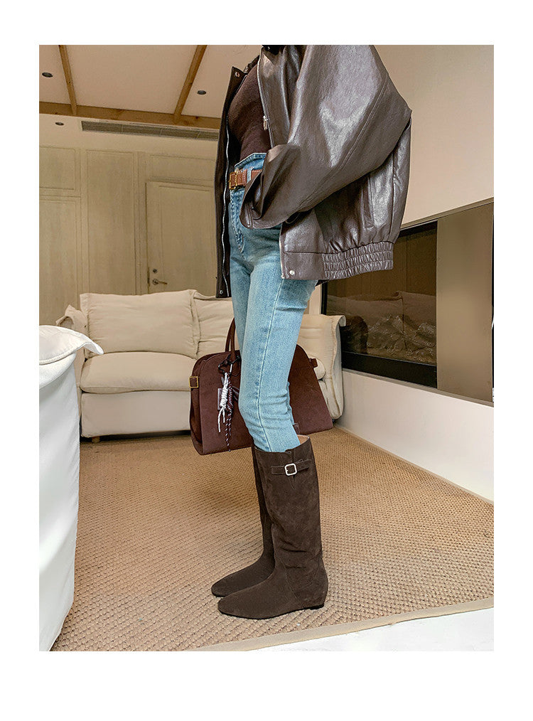 Karin Luna In Stock Spot Goods Vintage Cowhide Leather Chunky Heel Height Increasing Long Boots