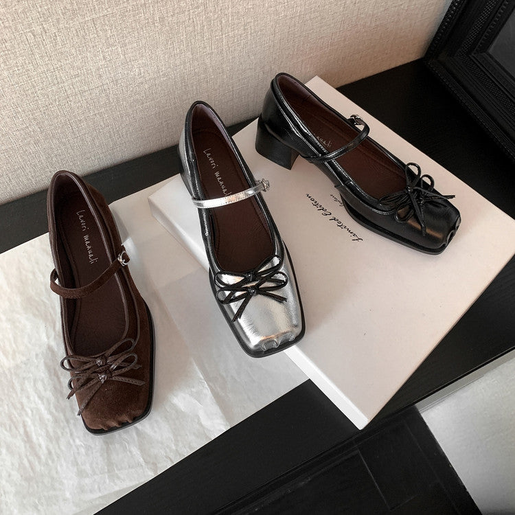 Karin Luna In Stock Spot Goods   One-strap Bowknot Square Toe Chunky Heel Mary Jane Shoes