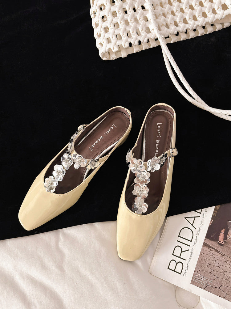 Karin Luna In Stock Spot Goods  T Handmade Sequin Flower Square Toe Height-Increasing Closed-Toe Slippers