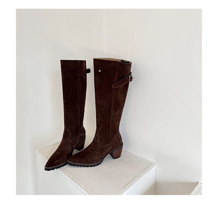 Karin Luna In Stock Spot Goods Retro Cowhide Leather Chunky Heel Suede Long Boots
