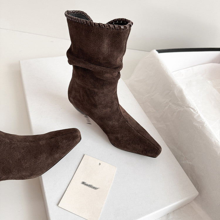 Karin Luna Elegant Style Small Square Toe Pleated Short Boots