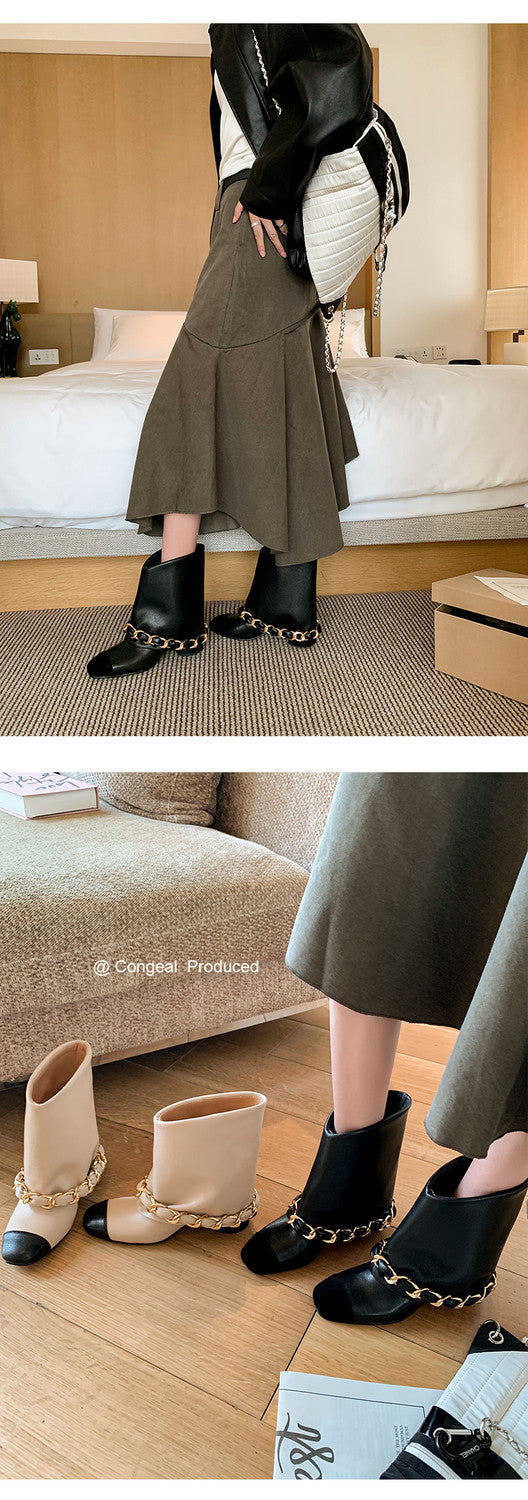 Karin Luna Classic Style Xiangjia Style Chunky Heel Chain Ankle Boots