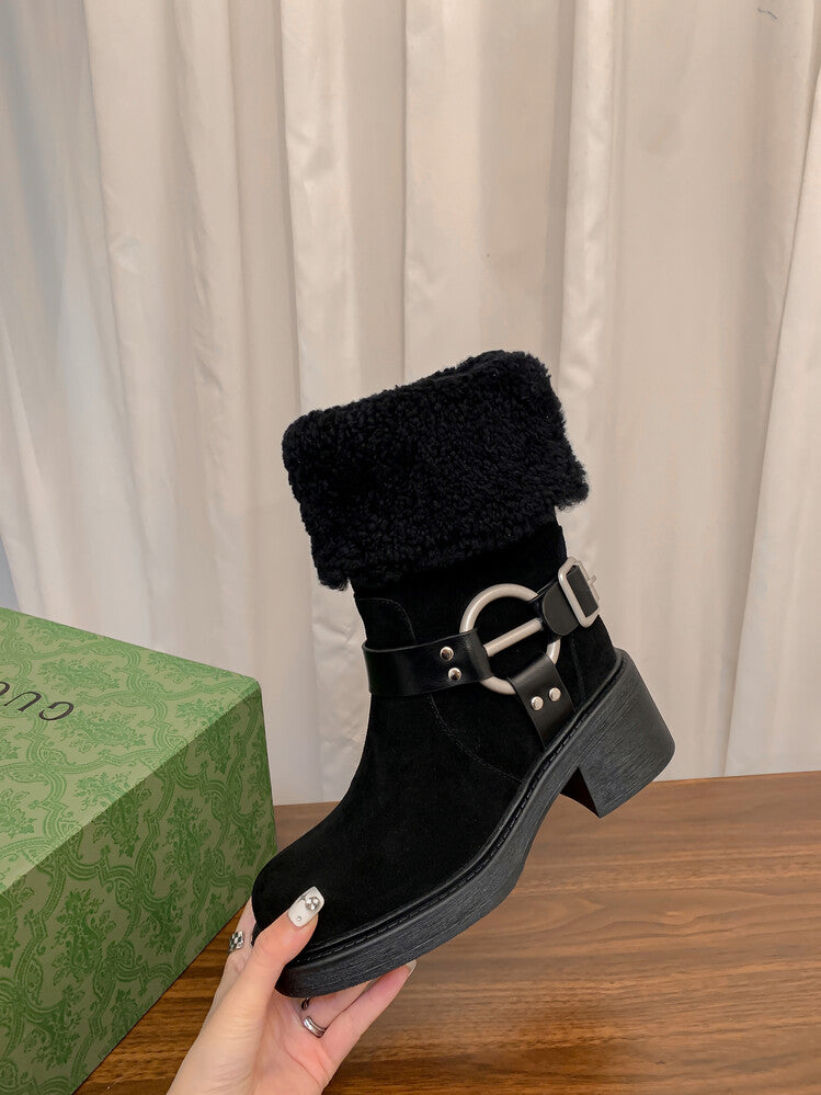 Karin Luna Genuine Lamb Wool and Cowhide Leather Hot-selling Metal Buckle Round Toe Chunky Heel Main Push Main Push
