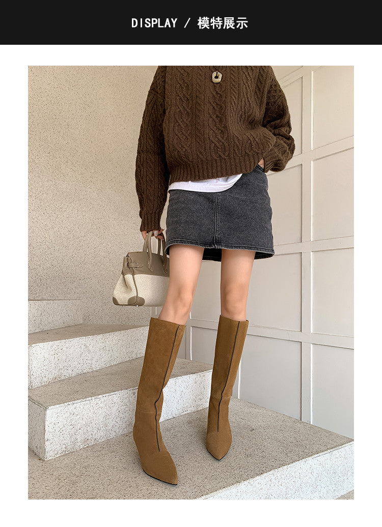 Karin Luna In Stock Spot Goods Retro Cowhide Pointed Toe Stiletto Elegant Long Boots